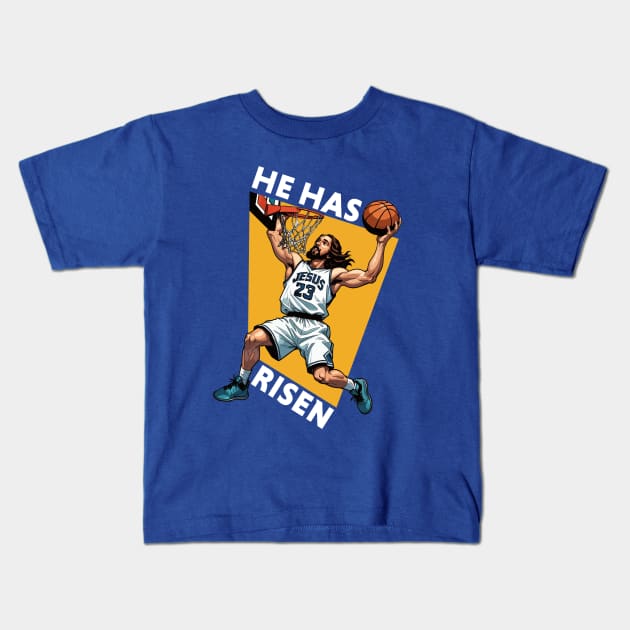 He Has Risen // Funny Dunking Jesus Basketball Player // Christian Humor Kids T-Shirt by SLAG_Creative